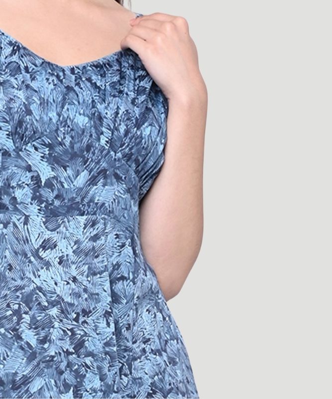 Women's Blue Abstract Print Regular Fit A-line Midi Dress