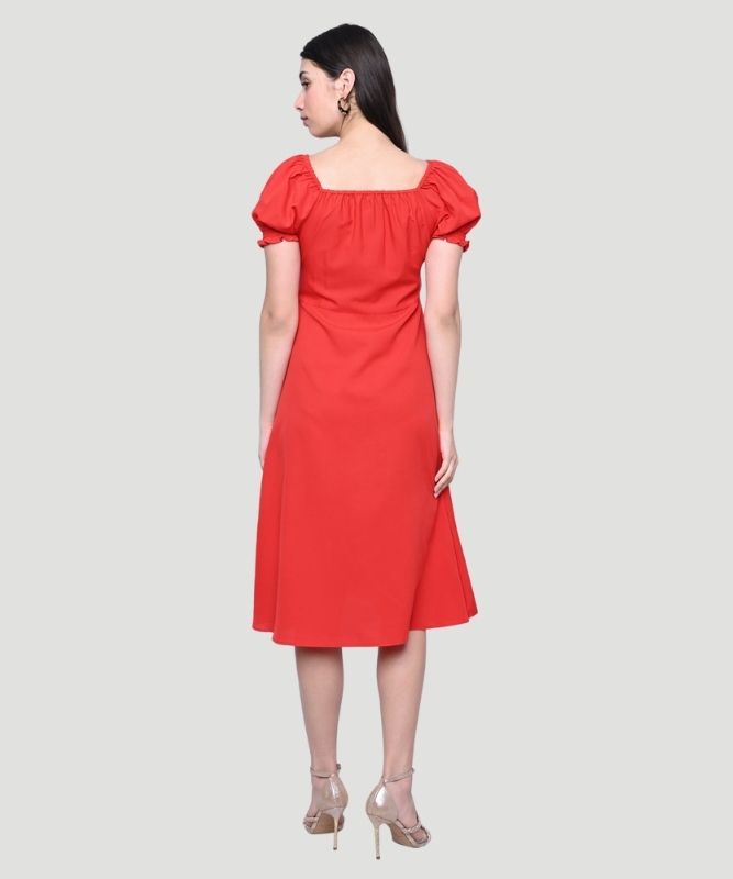 Indusvale Women's Red Solid Regular Fit A-line Midi Dress